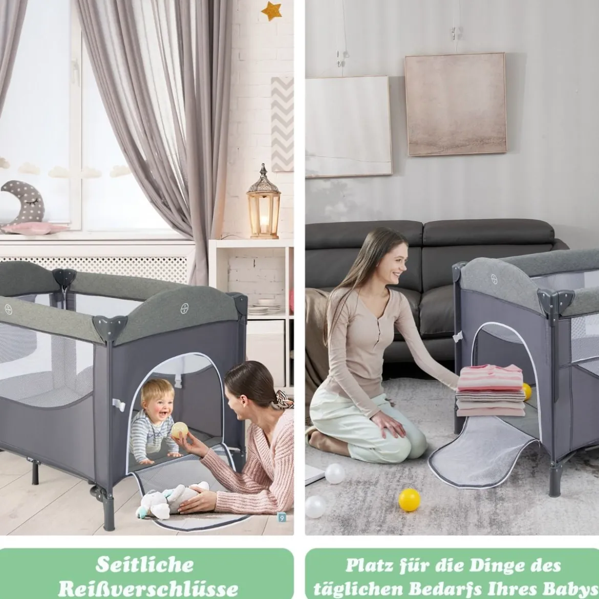 5 in 1 Babybett mit Matratze & Wickeltisch & Sicherheitsgurt & Spieluhr & Hängespielzeug