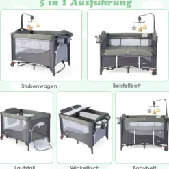 5 in 1 Babybett mit Matratze & Wickeltisch & Sicherheitsgurt & Spieluhr & Hängespielzeug