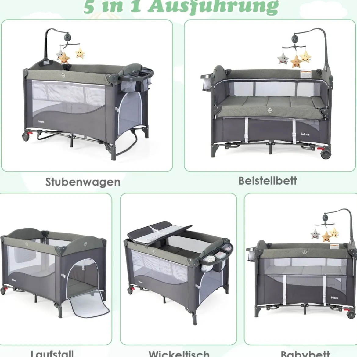 5 in 1 Babybett mit Matratze & Wickeltisch & Sicherheitsgurt & Spieluhr & Hängespielzeug