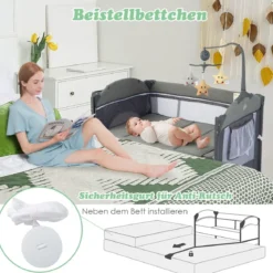 5 in 1 Babybett mit Matratze & Wickeltisch & Sicherheitsgurt & Spieluhr & Hängespielzeug
