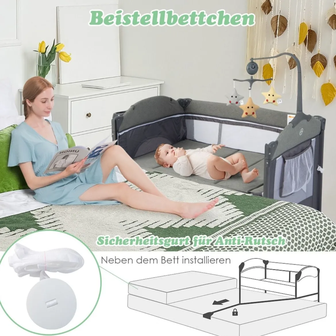 5 in 1 Babybett mit Matratze & Wickeltisch & Sicherheitsgurt & Spieluhr & Hängespielzeug