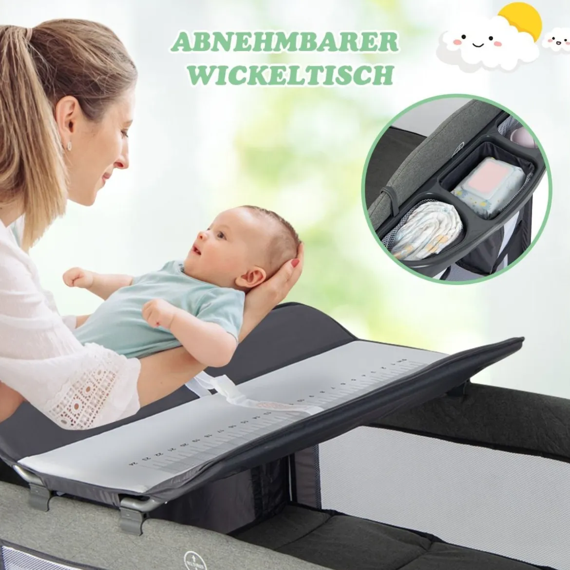 5 in 1 Babybett mit Matratze & Wickeltisch & Sicherheitsgurt & Spieluhr & Hängespielzeug