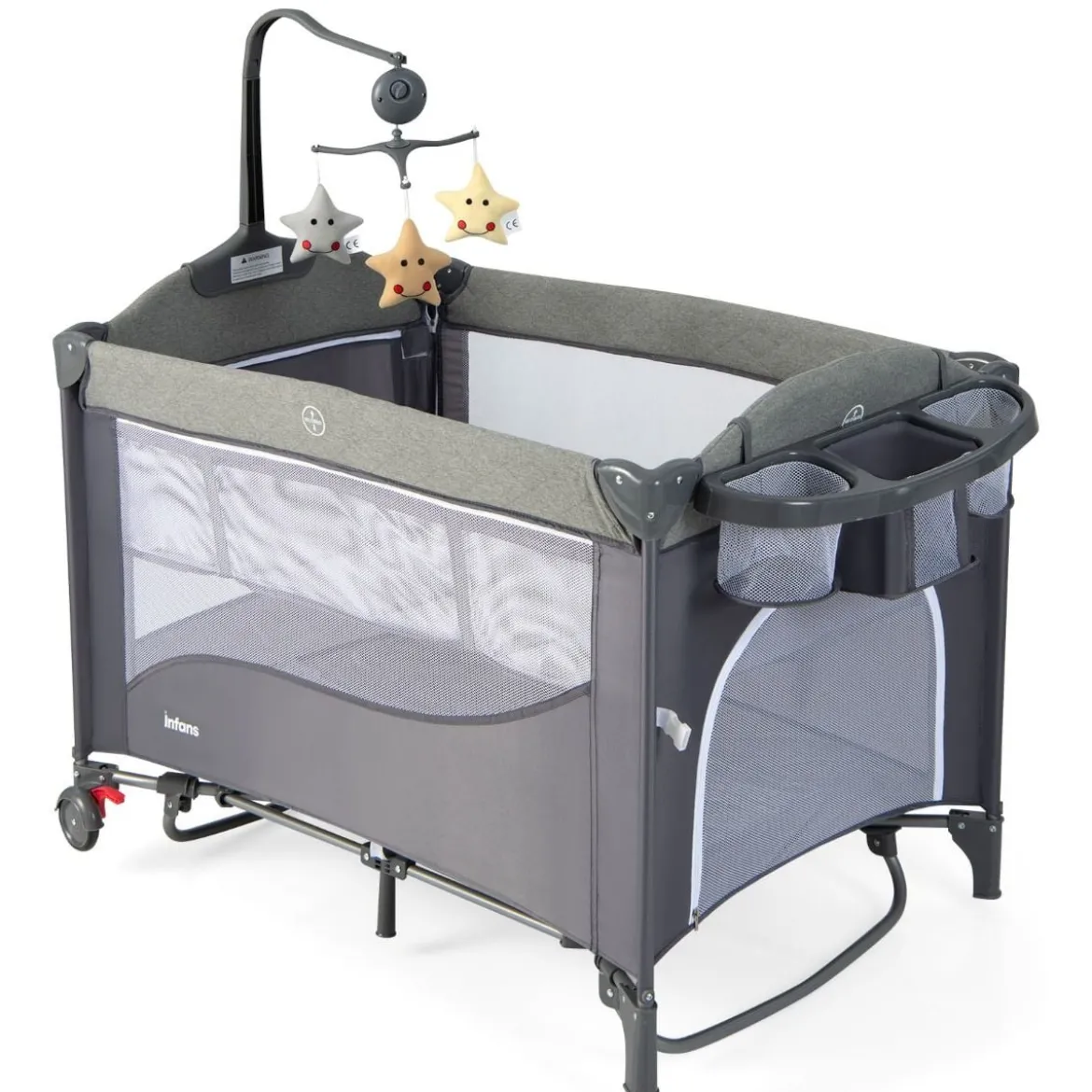 5 in 1 Babybett mit Matratze & Wickeltisch & Sicherheitsgurt & Spieluhr & Hängespielzeug