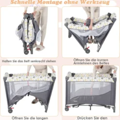 5 in 1 Babybett mit Matratze & Wickeltisch & Sicherheitsgurt & Spieluhr & Hängespielzeug