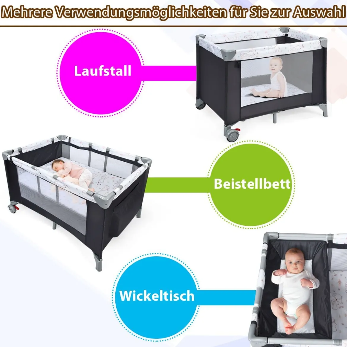 3-in-1-Babybett Tragbarer Babylaufstall Reisebett für Neugeborene mit 2 Spielzeugen