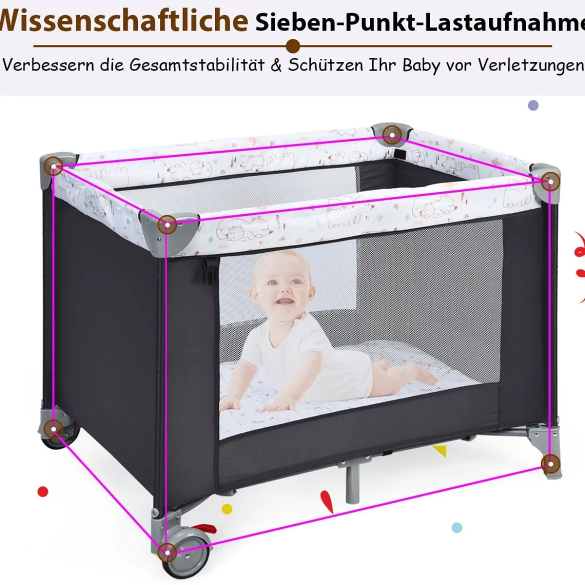 3-in-1-Babybett Tragbarer Babylaufstall Reisebett für Neugeborene mit 2 Spielzeugen