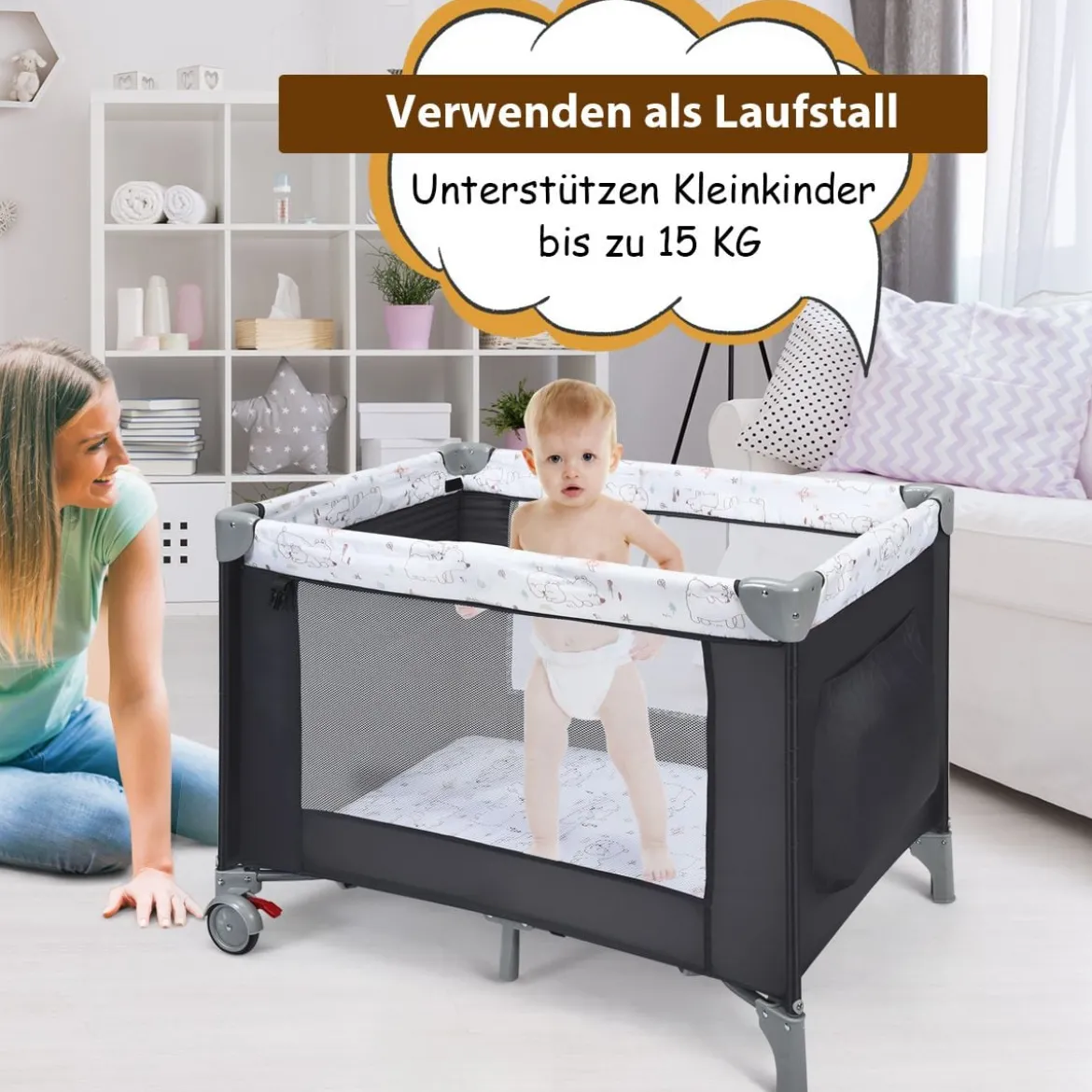 3-in-1-Babybett Tragbarer Babylaufstall Reisebett für Neugeborene mit 2 Spielzeugen