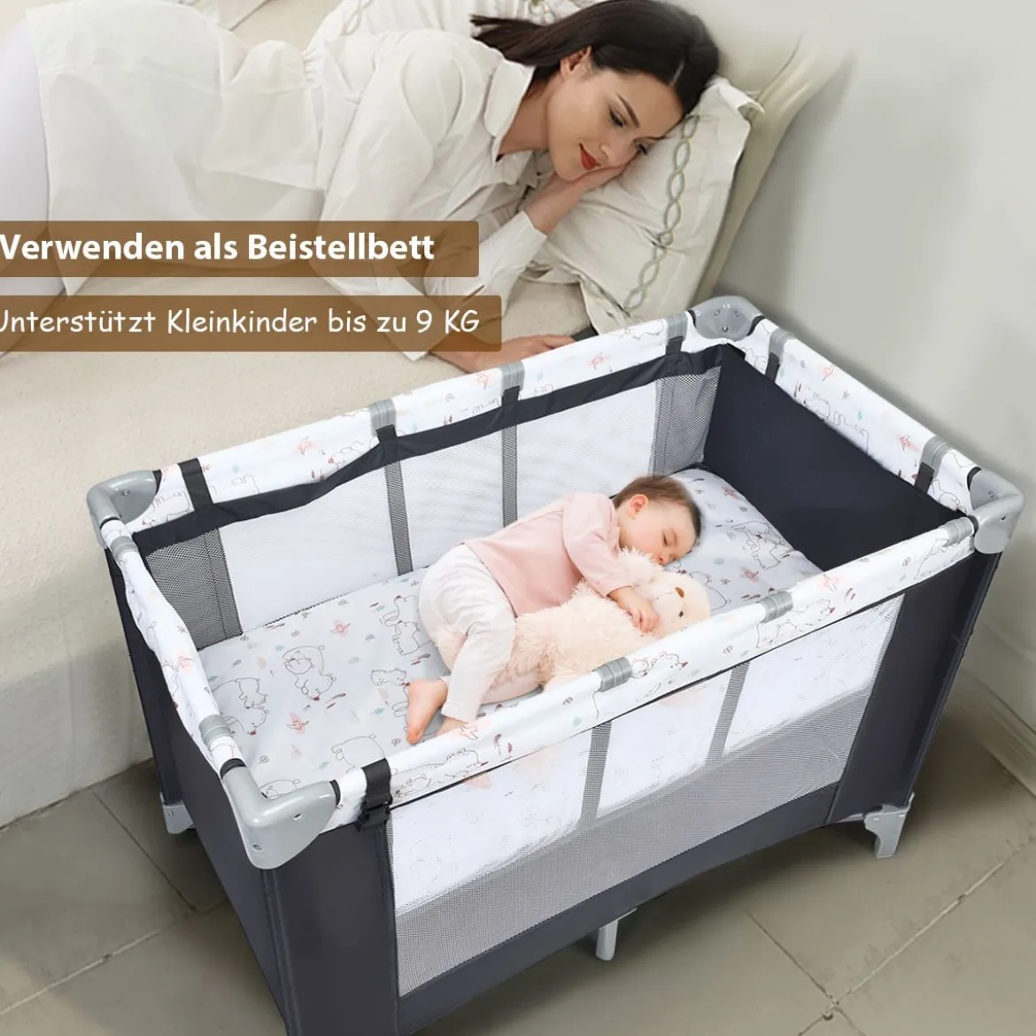 3-in-1-Babybett Tragbarer Babylaufstall Reisebett für Neugeborene mit 2 Spielzeugen