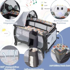 4 in 1 Babybett Tragbares Beistellbett mit Faltbaren Matratze & Wickeltisch Reisebett Stubenwagen