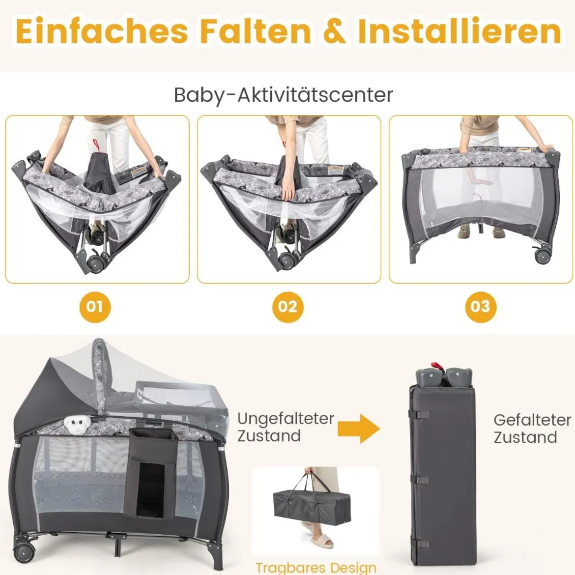 4 in 1 Babybett Tragbares Beistellbett mit Faltbaren Matratze & Wickeltisch Reisebett Stubenwagen