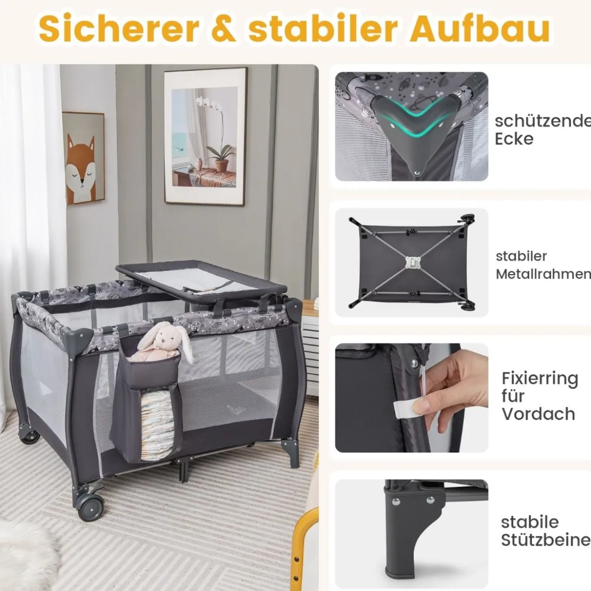 4 in 1 Babybett Tragbares Beistellbett mit Faltbaren Matratze & Wickeltisch Reisebett Stubenwagen
