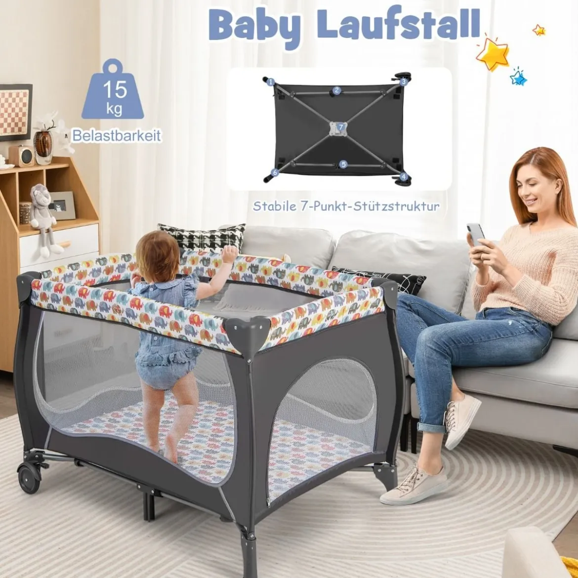 4 in 1 Babybett Tragbares Beistellbett mit Faltbaren Matratze & Wickeltisch Reisebett Stubenwagen