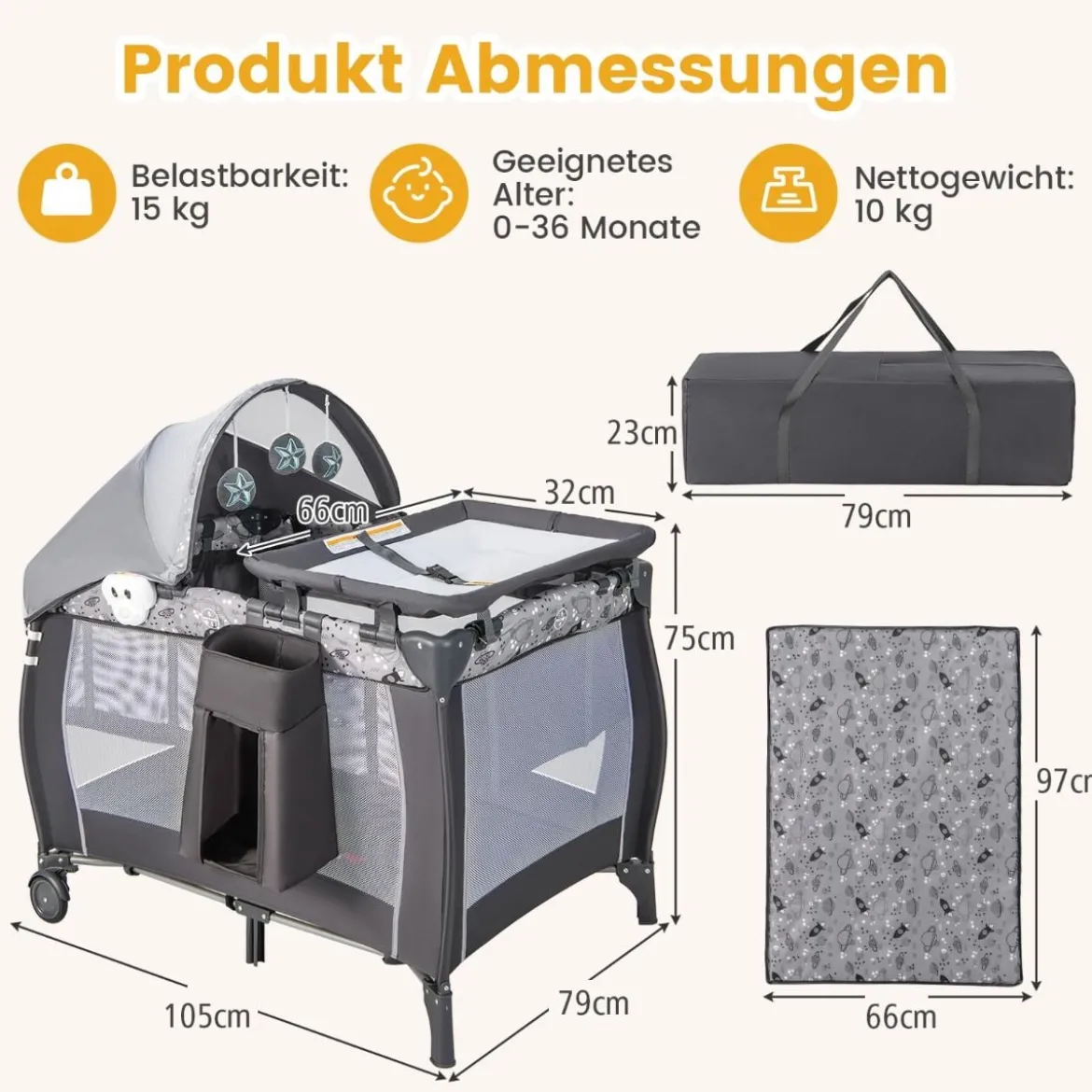 4 in 1 Babybett Tragbares Beistellbett mit Faltbaren Matratze & Wickeltisch Reisebett Stubenwagen