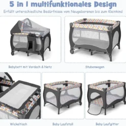 4 in 1 Babybett Tragbares Beistellbett mit Faltbaren Matratze & Wickeltisch Reisebett Stubenwagen