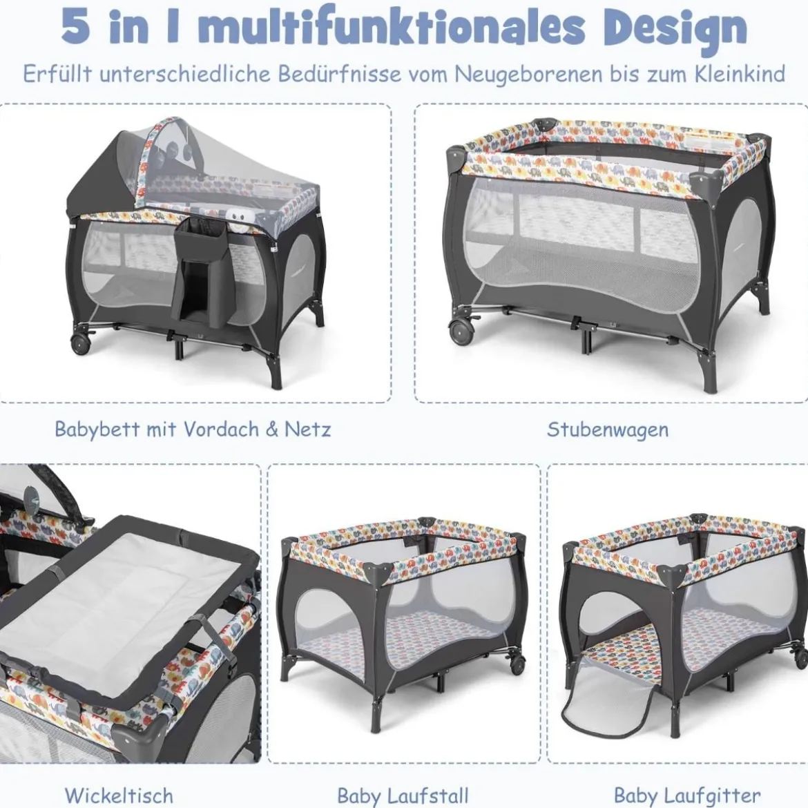 4 in 1 Babybett Tragbares Beistellbett mit Faltbaren Matratze & Wickeltisch Reisebett Stubenwagen