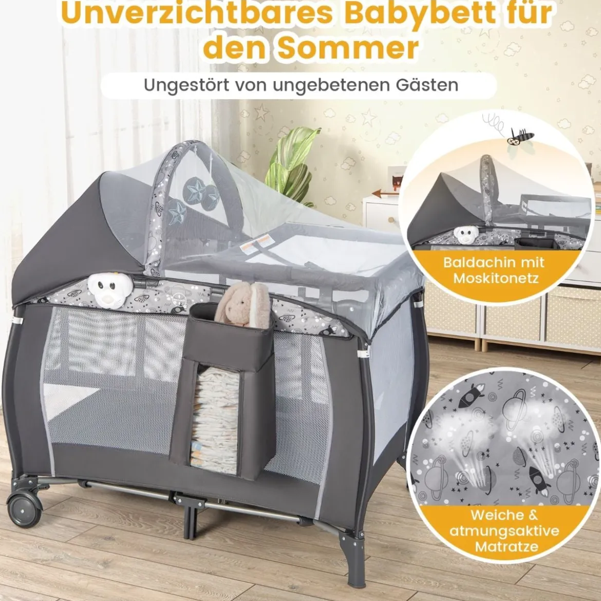 4 in 1 Babybett Tragbares Beistellbett mit Faltbaren Matratze & Wickeltisch Reisebett Stubenwagen