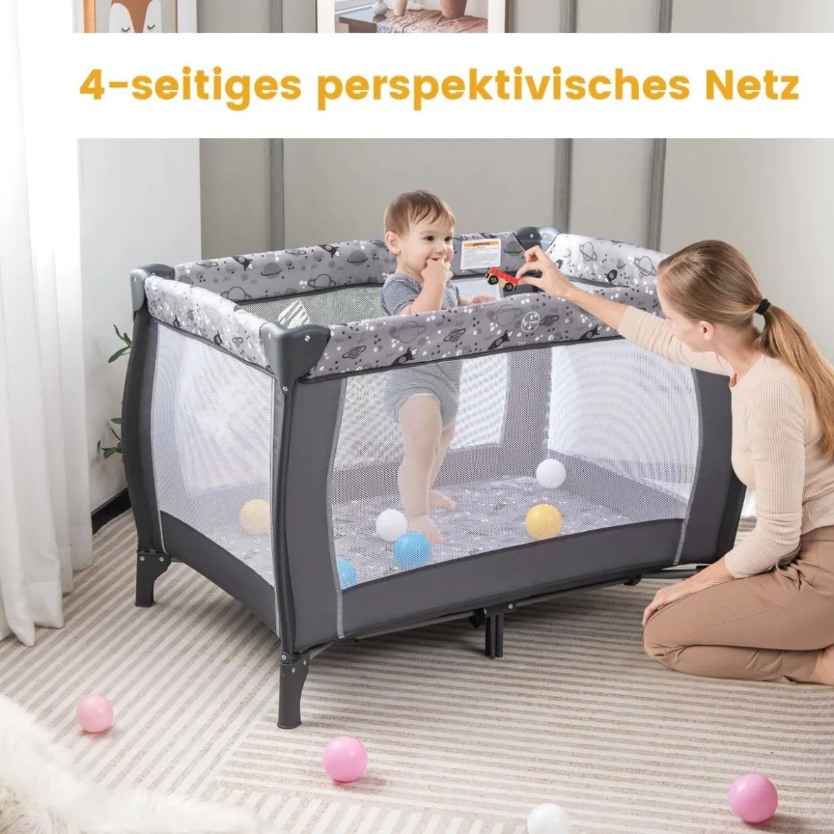 4 in 1 Babybett Tragbares Beistellbett mit Faltbaren Matratze & Wickeltisch Reisebett Stubenwagen
