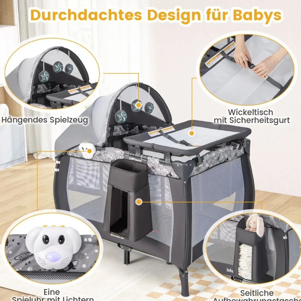 4 in 1 Babybett Tragbares Beistellbett mit Faltbaren Matratze & Wickeltisch Reisebett Stubenwagen