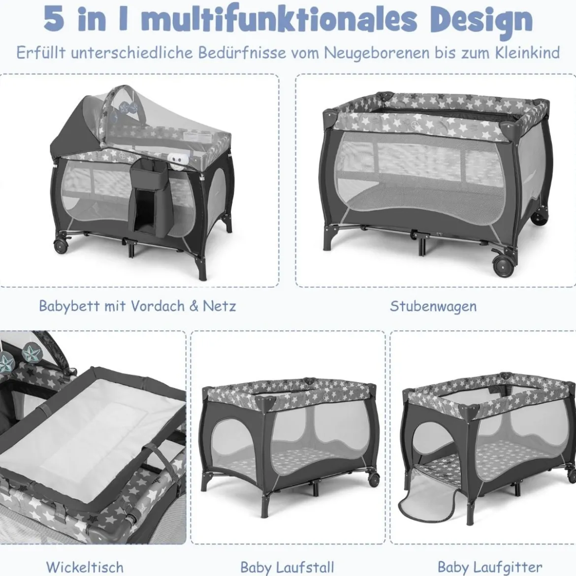4 in 1 Babybett Tragbares Beistellbett mit Faltbaren Matratze & Wickeltisch Reisebett Stubenwagen