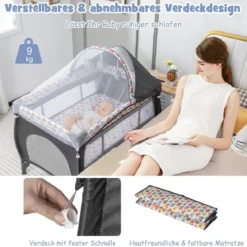 4 in 1 Babybett Tragbares Beistellbett mit Faltbaren Matratze & Wickeltisch Reisebett Stubenwagen