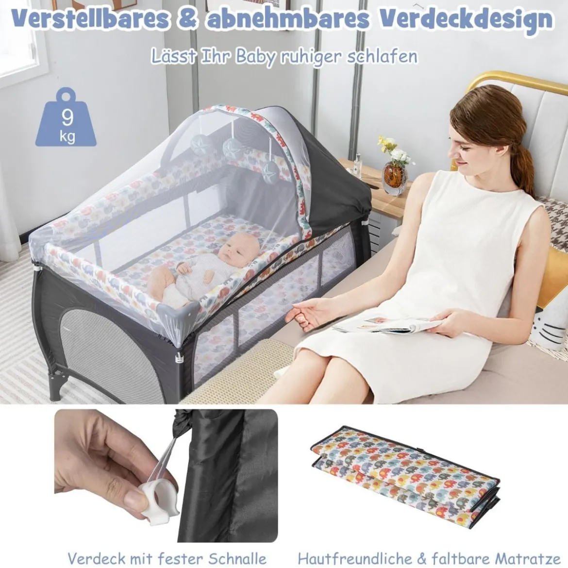 4 in 1 Babybett Tragbares Beistellbett mit Faltbaren Matratze & Wickeltisch Reisebett Stubenwagen