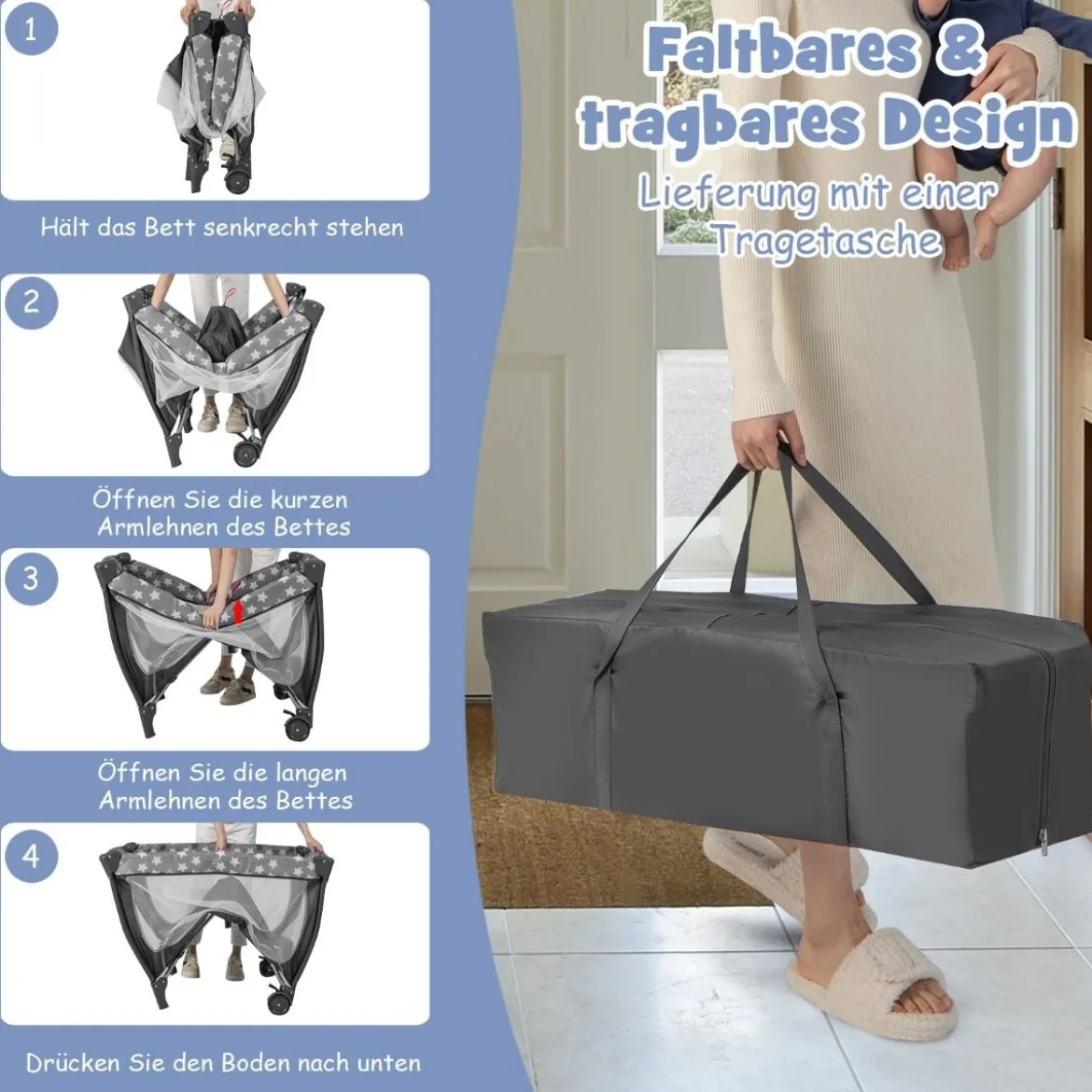4 in 1 Babybett Tragbares Beistellbett mit Faltbaren Matratze & Wickeltisch Reisebett Stubenwagen