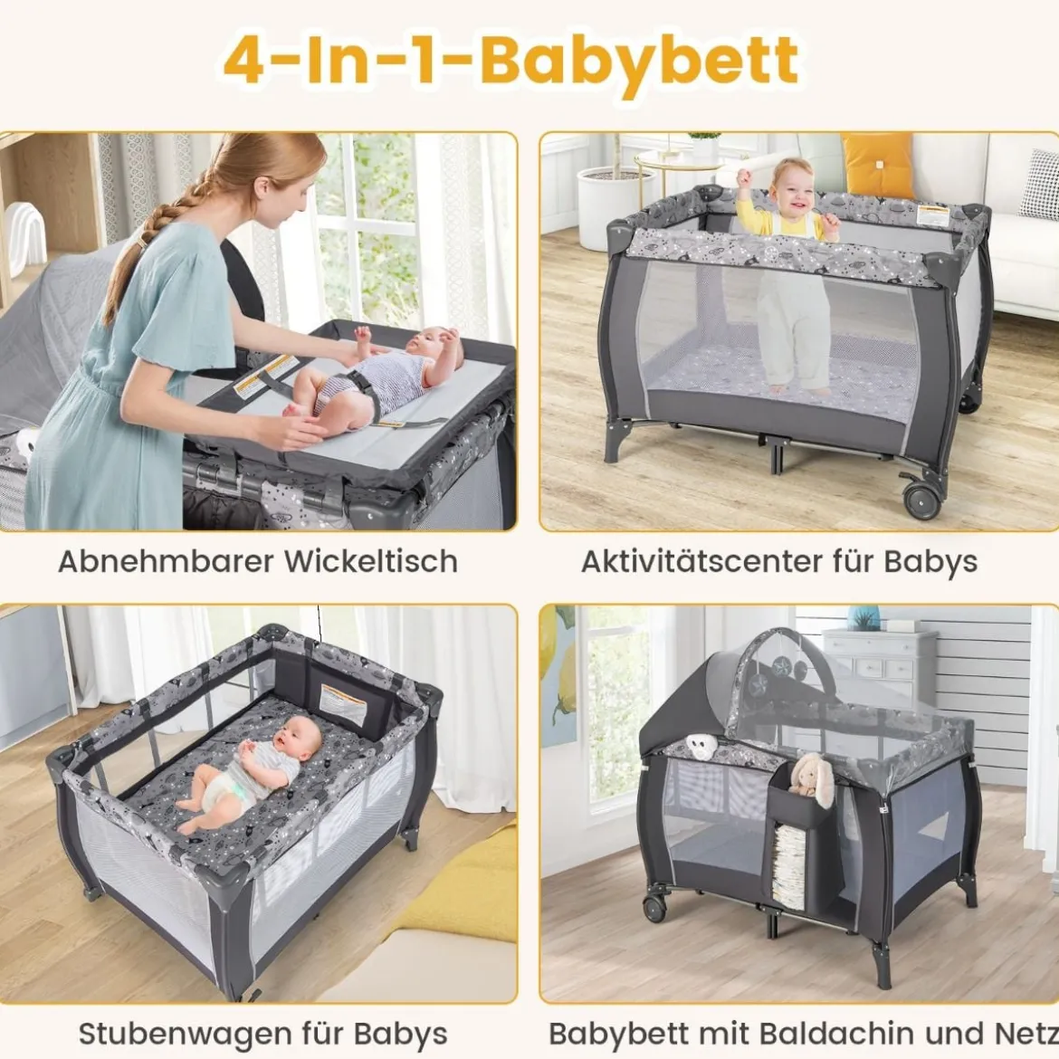 4 in 1 Babybett Tragbares Beistellbett mit Faltbaren Matratze & Wickeltisch Reisebett Stubenwagen