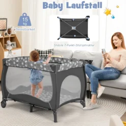 4 in 1 Babybett Tragbares Beistellbett mit Faltbaren Matratze & Wickeltisch Reisebett Stubenwagen
