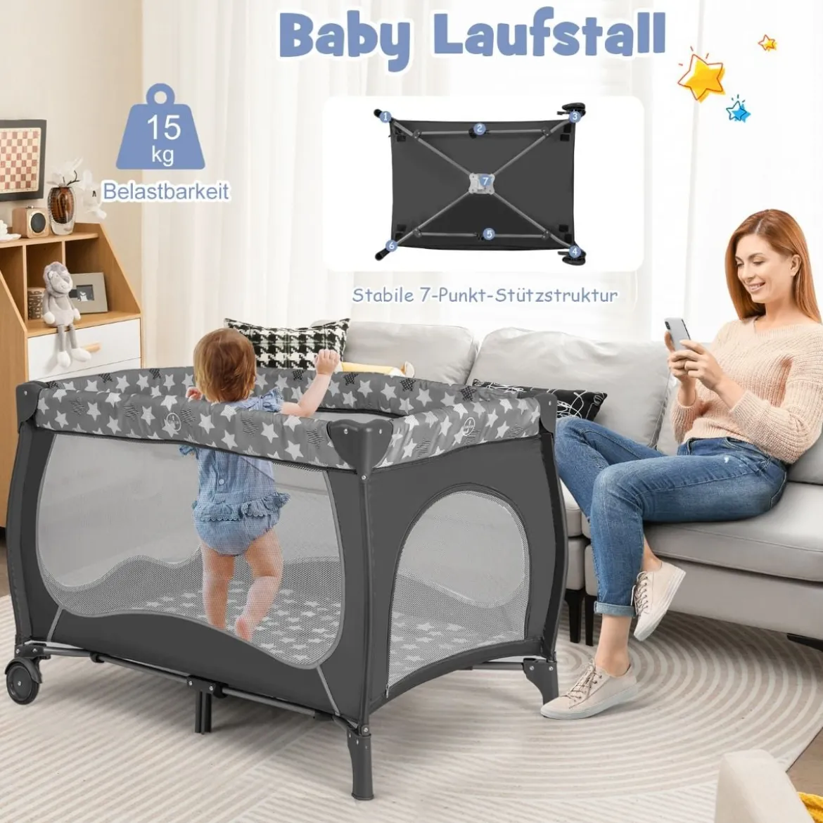 4 in 1 Babybett Tragbares Beistellbett mit Faltbaren Matratze & Wickeltisch Reisebett Stubenwagen