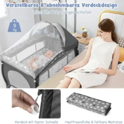 4 in 1 Babybett Tragbares Beistellbett mit Faltbaren Matratze & Wickeltisch Reisebett Stubenwagen