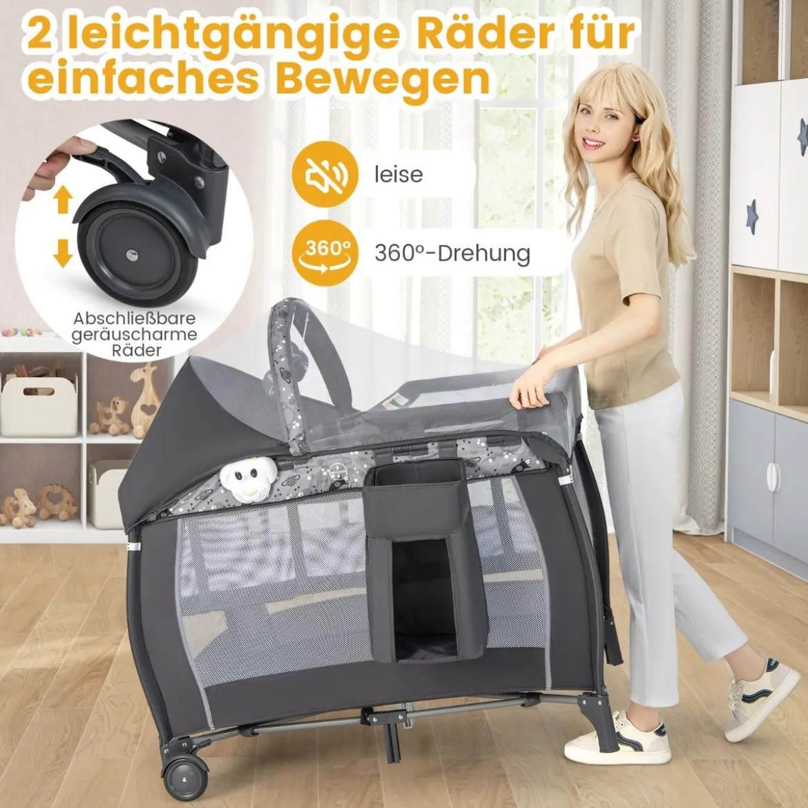 4 in 1 Babybett Tragbares Beistellbett mit Faltbaren Matratze & Wickeltisch Reisebett Stubenwagen