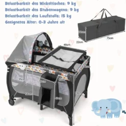 4 in 1 Babybett Tragbares Beistellbett mit Faltbaren Matratze & Wickeltisch Reisebett Stubenwagen