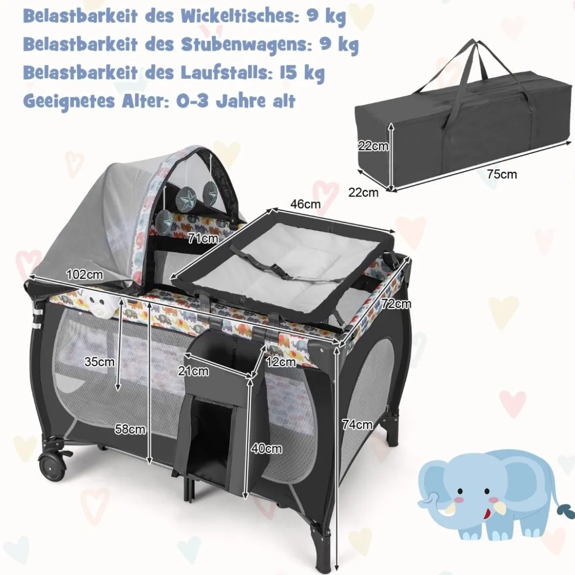 4 in 1 Babybett Tragbares Beistellbett mit Faltbaren Matratze & Wickeltisch Reisebett Stubenwagen