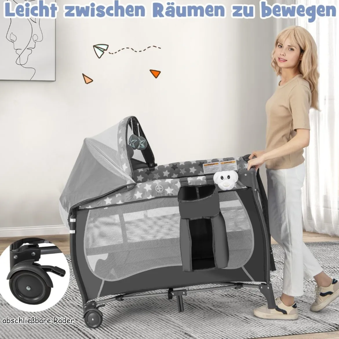 4 in 1 Babybett Tragbares Beistellbett mit Faltbaren Matratze & Wickeltisch Reisebett Stubenwagen