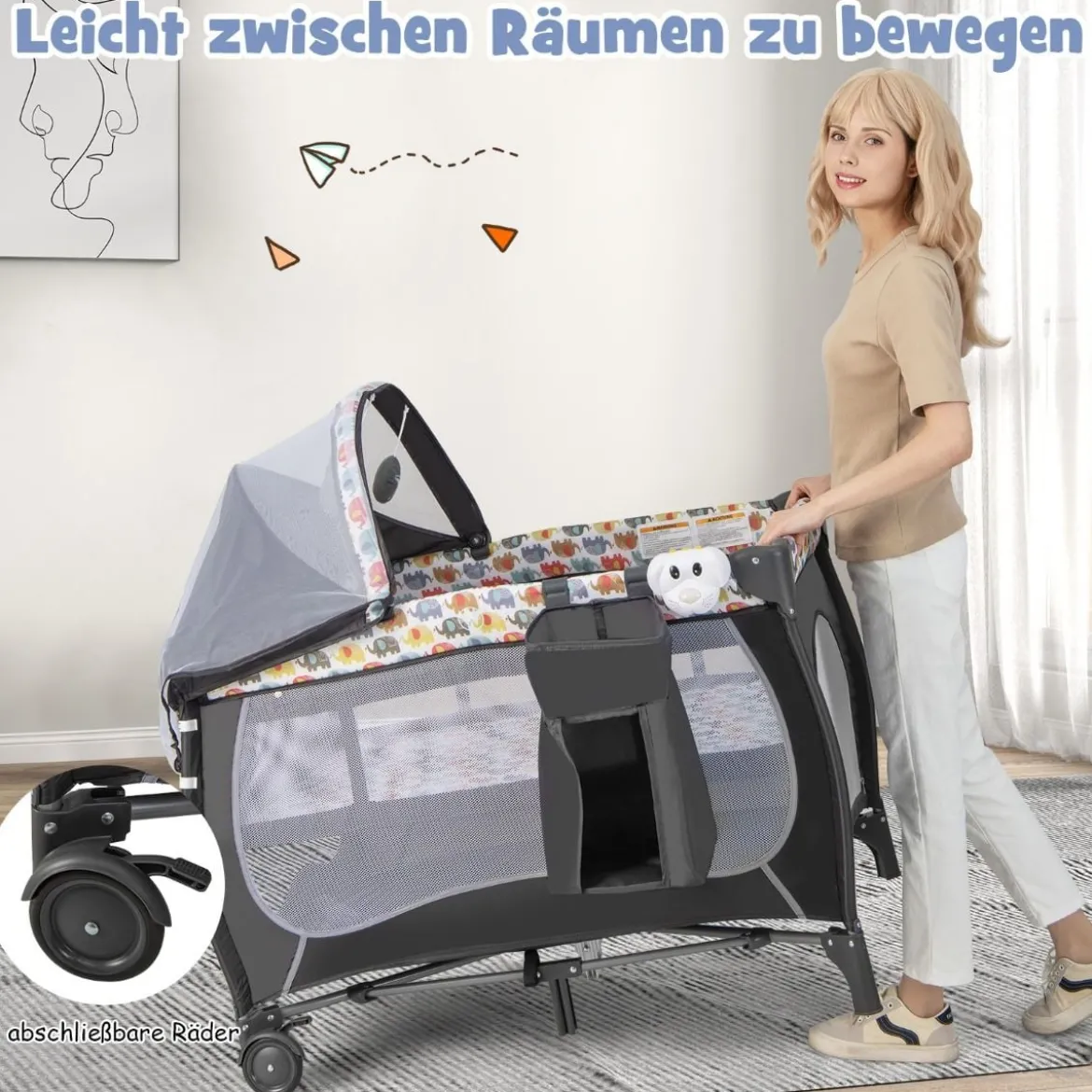 4 in 1 Babybett Tragbares Beistellbett mit Faltbaren Matratze & Wickeltisch Reisebett Stubenwagen