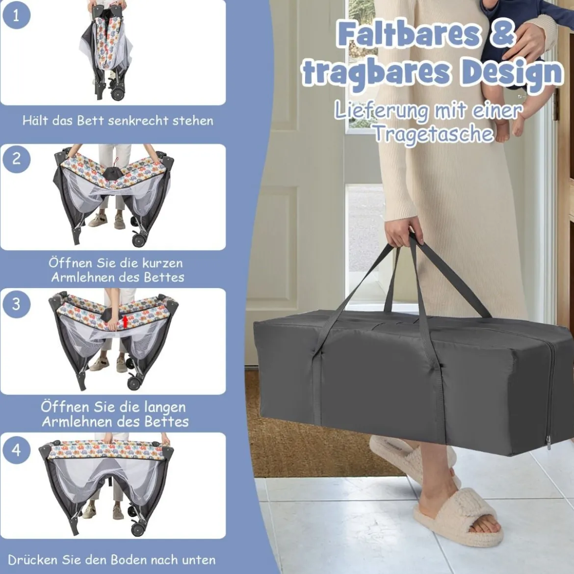 4 in 1 Babybett Tragbares Beistellbett mit Faltbaren Matratze & Wickeltisch Reisebett Stubenwagen