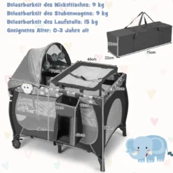 4 in 1 Babybett Tragbares Beistellbett mit Faltbaren Matratze & Wickeltisch Reisebett Stubenwagen