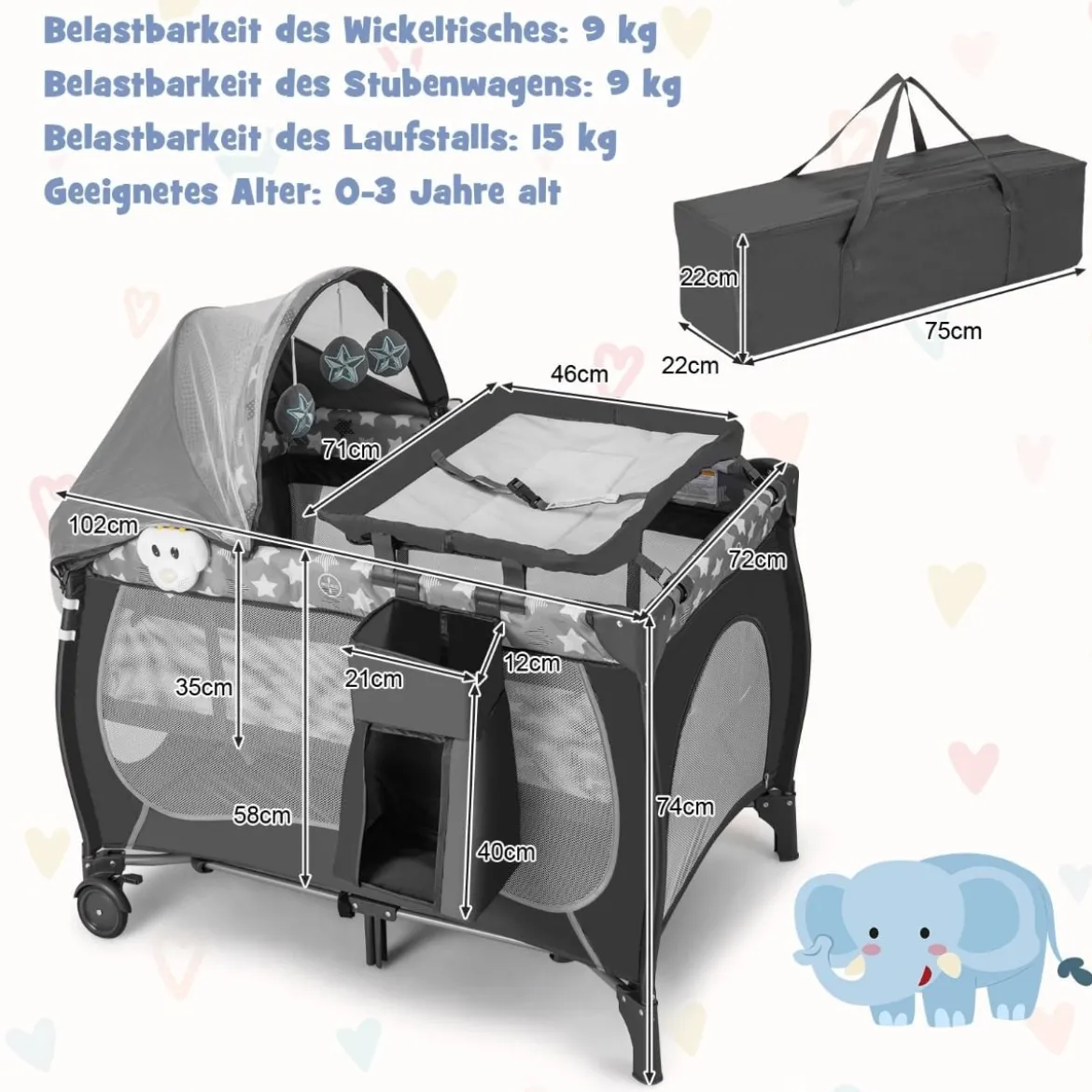 4 in 1 Babybett Tragbares Beistellbett mit Faltbaren Matratze & Wickeltisch Reisebett Stubenwagen