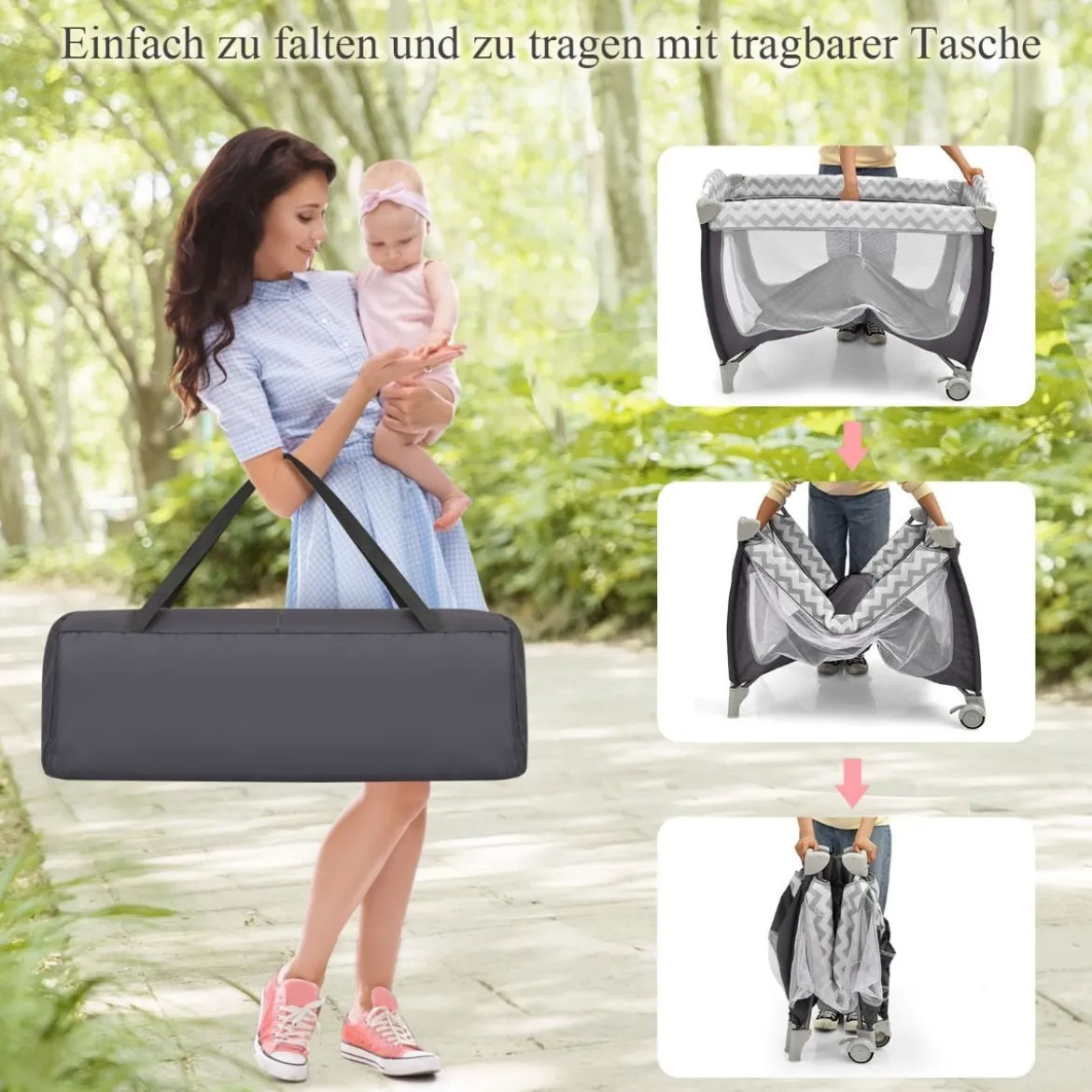 3-in-1-Babybett Tragbares Reisebett mit Spielzeugstange 125 x 65 x 76 cm Grau