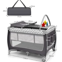 3-in-1-Babybett Tragbares Reisebett mit Spielzeugstange 125 x 65 x 76 cm Grau