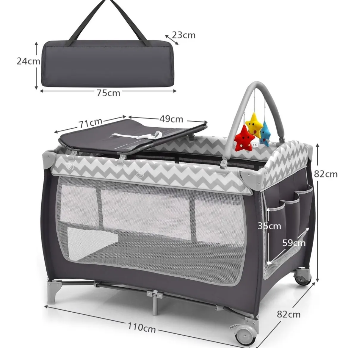 3-in-1-Babybett Tragbares Reisebett mit Spielzeugstange 125 x 65 x 76 cm Grau