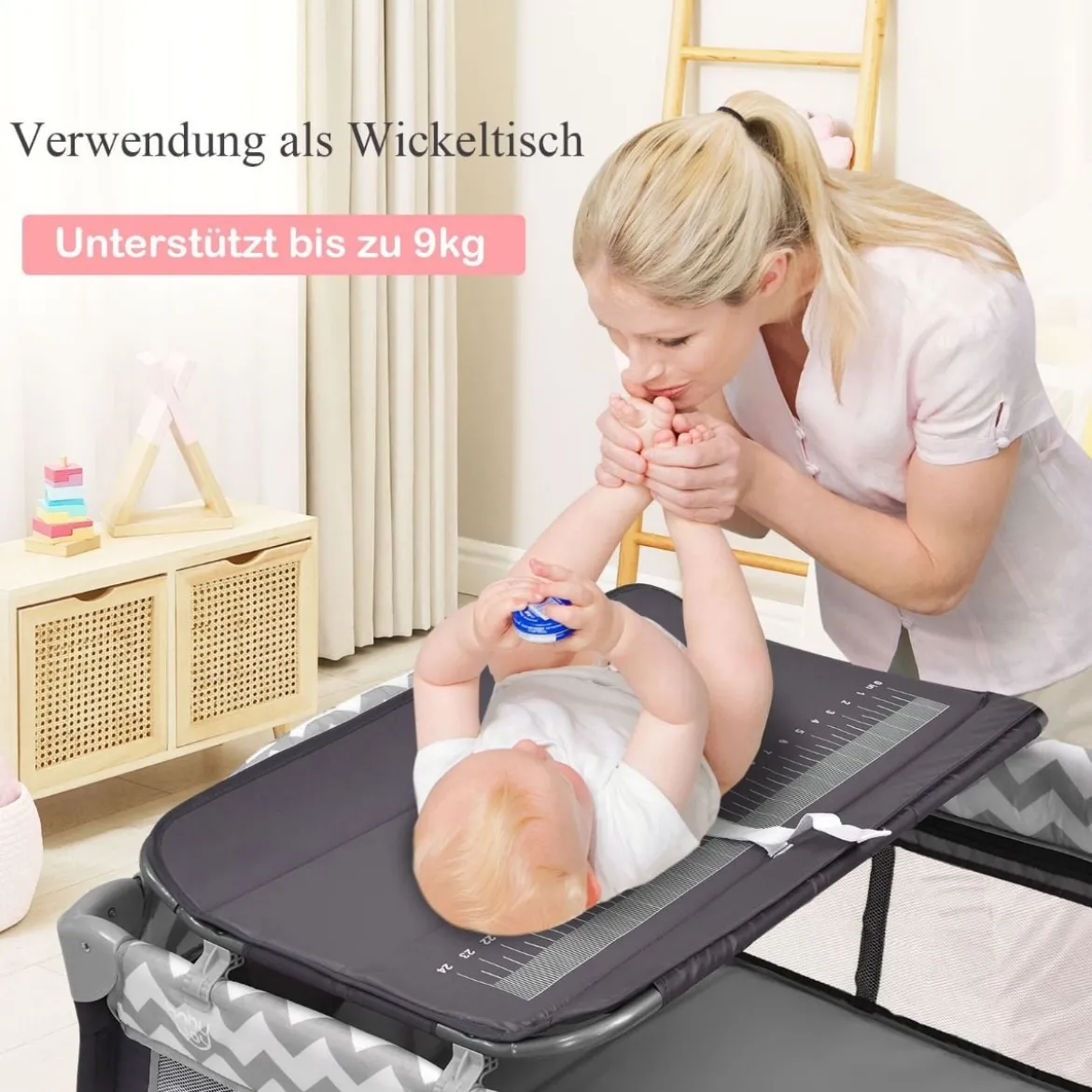 3-in-1-Babybett Tragbares Reisebett mit Spielzeugstange 125 x 65 x 76 cm Grau