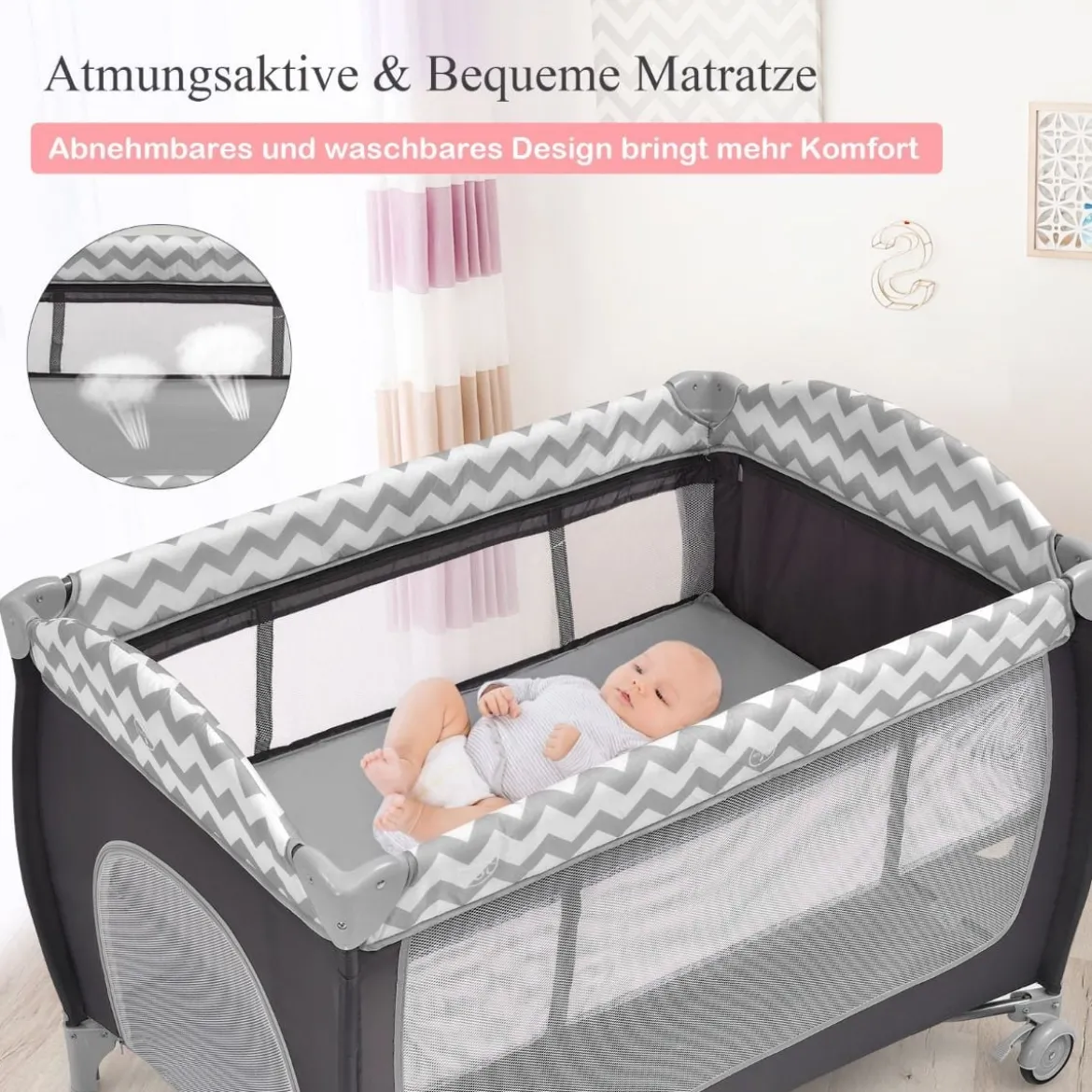 3-in-1-Babybett Tragbares Reisebett mit Spielzeugstange 125 x 65 x 76 cm Grau