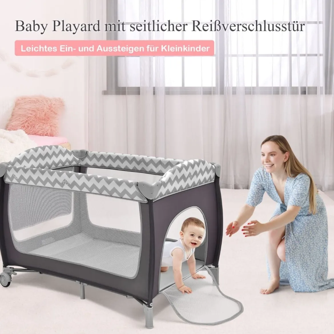 3-in-1-Babybett Tragbares Reisebett mit Spielzeugstange 125 x 65 x 76 cm Grau