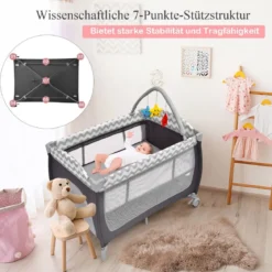 3-in-1-Babybett Tragbares Reisebett mit Spielzeugstange 125 x 65 x 76 cm Grau