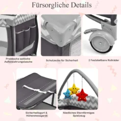 3-in-1-Babybett Tragbares Reisebett mit Spielzeugstange 125 x 65 x 76 cm Grau