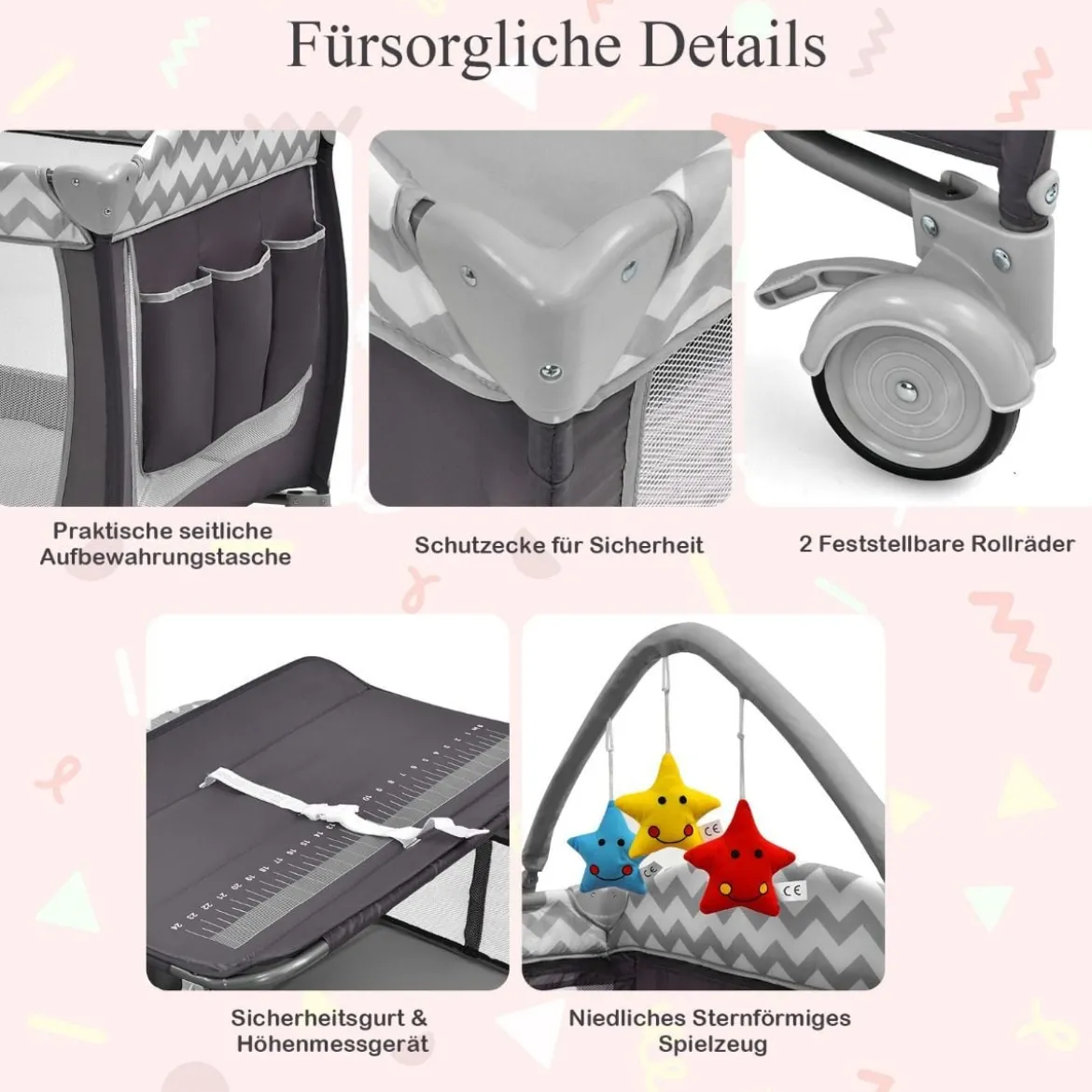 3-in-1-Babybett Tragbares Reisebett mit Spielzeugstange 125 x 65 x 76 cm Grau