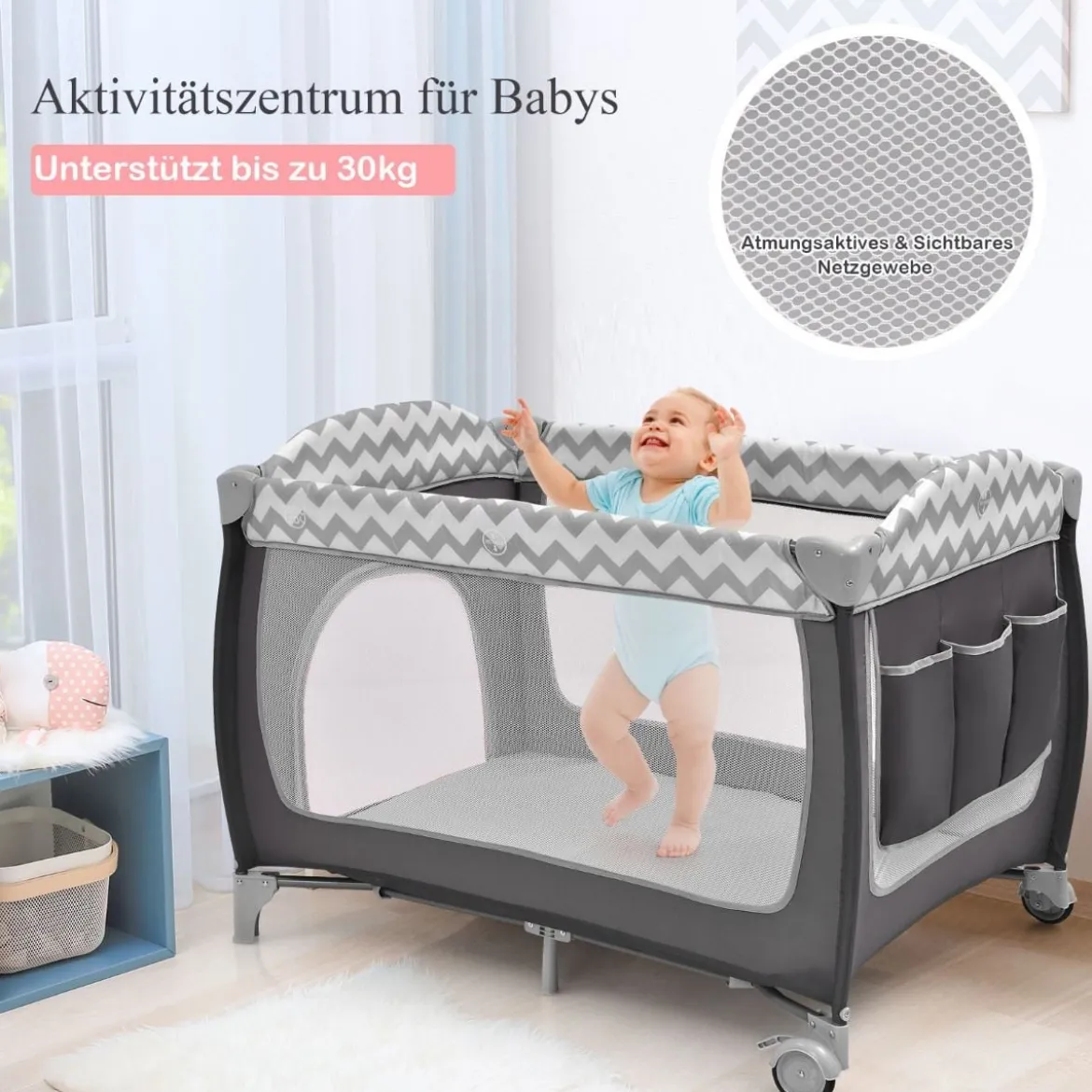 3-in-1-Babybett Tragbares Reisebett mit Spielzeugstange 125 x 65 x 76 cm Grau