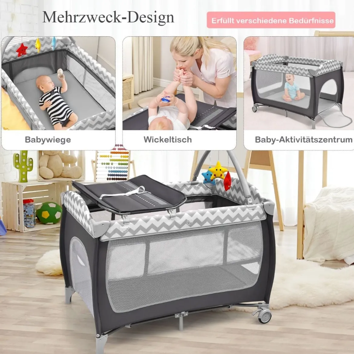3-in-1-Babybett Tragbares Reisebett mit Spielzeugstange 125 x 65 x 76 cm Grau