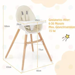 2 in 1 Babyhochstuhl aus Buchenholz mit 5-Punkt-Sicherheitsgurt & Doppeltablett Beige